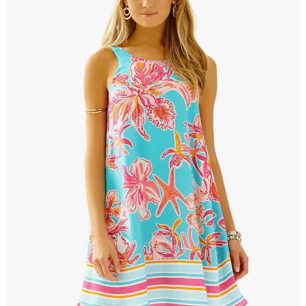 Lilly Pulitzer Wright Sea Blue Via Sunny Engineered Swing Trapeze Dress S